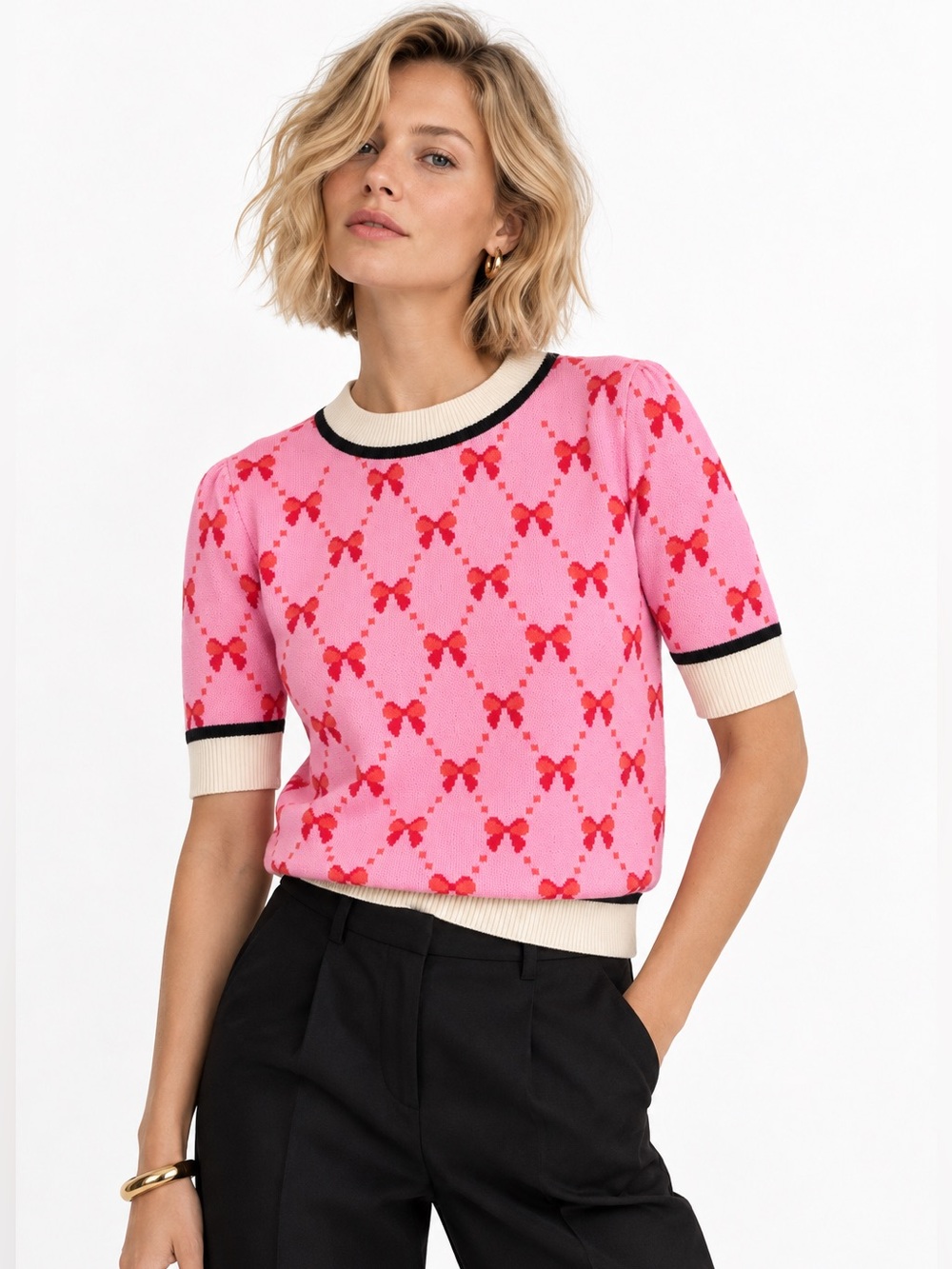 THML Pink Bow Jacquard Short Sleeve Sweater Small